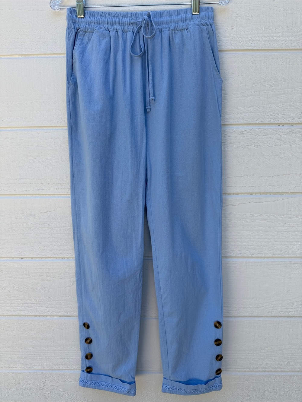 Light Blue Woman’s 100 % Cotton Drawstring Pants With Pockets.